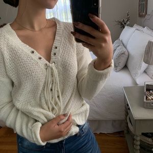 Cream Knit Lace Up Long Sleeve Sweater Size Small